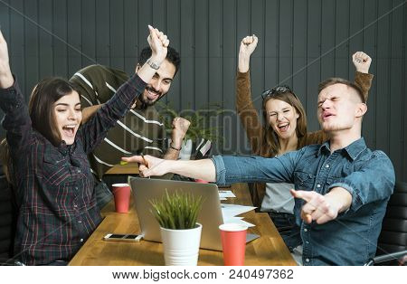 Thrilling Reaction Of It Team To Great Success, Four Young Workers Feeling Really Happy, Indoor Slow