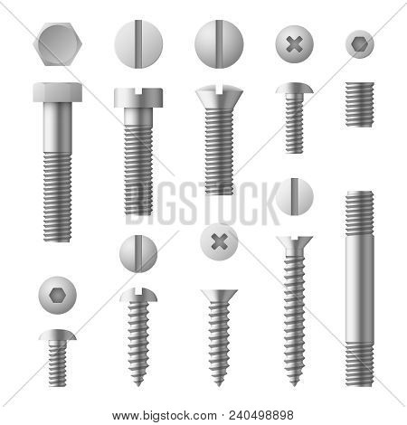 Realistic 3d Metal Bolts, Nuts, Rivets And Screws Isolated Vector Set. Illustration Of Elements For 