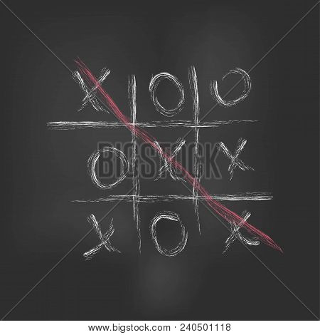 Tic-tac-toe. Children Playing With Chalk On A Blackboard. Vector Illustration.
