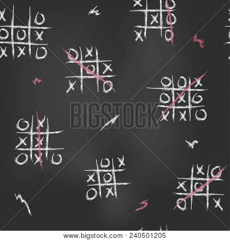 Tic-tac-toe. Children Playing With Chalk On A Blackboard. Vector Seamless Illustration.