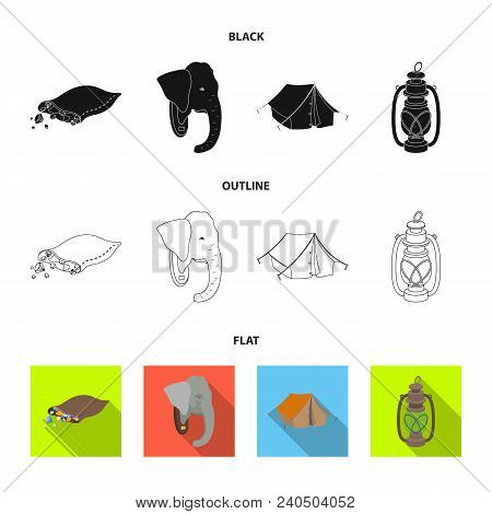 A Bag Of Diamonds, An Elephant Head, A Kerosene Lamp, A Tent. African Safari Set Collection Icons In