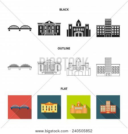 Museum, Bridge, Castle, Hospital.building Set Collection Icons In Black, Flat, Outline Style Vector 