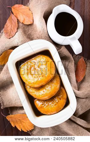 Chilean Sopaipilla Pasada Deep-fried Pastry Covered In Chancaca Cane Sugar Sauce, A Popular Snack In