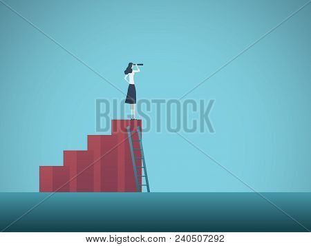 Business Vision Vector Concept With Business Woman Standing On Top Of Increasing Chart. Symbol Of Ca
