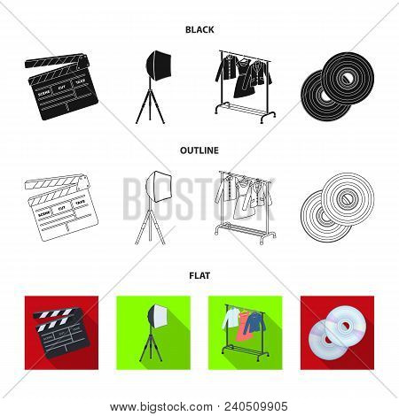 Movies, Discs And Other Equipment For The Cinema. Making Movies Set Collection Icons In Black, Flat,