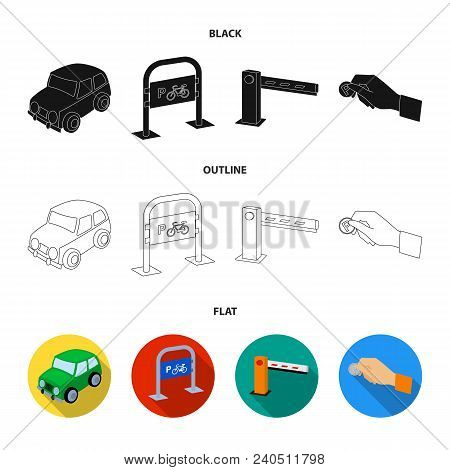 Car, Parking Barrier, Bicycle Parking Place, Coin In Hand For Payment. Parking Zone Set Collection I