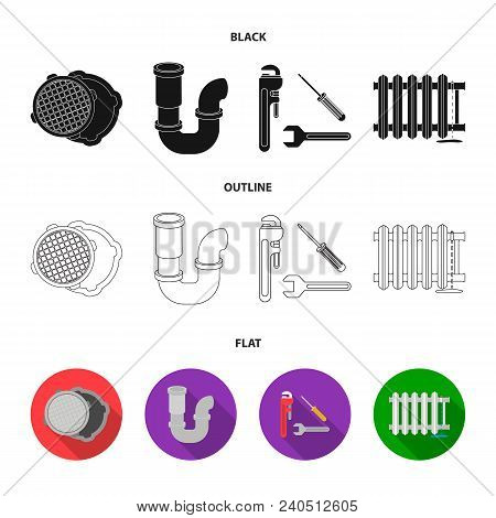 Sewage Hatch, Tool, Radiator.plumbing Set Collection Icons In Black, Flat, Outline Style Vector Symb