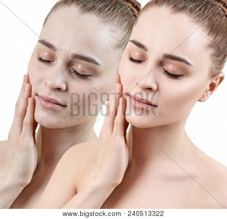 Comparison Portrait Of Young Woman With And Without Makeup. Close-up Shot.
