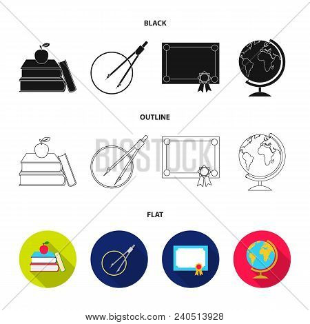 Books, An Apple, A Compass With A Circle, A Diploma With A Seal, A Globe. School Set Collection Icon
