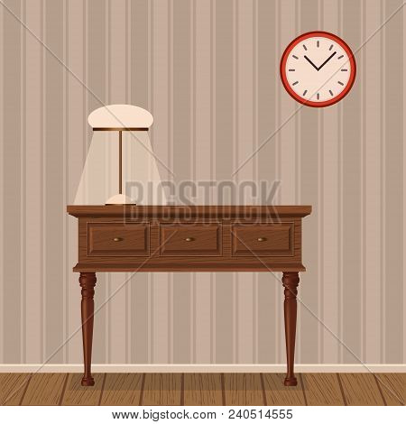 Vector Illustration Of Realistic Console With A Table Lamp. Retro Furniture.