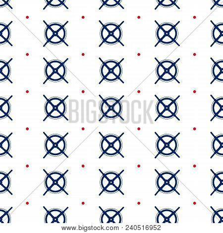 Seamless Pattern With The Blue Steering Wheel And Red Circles Of The Ship On The White Background. V