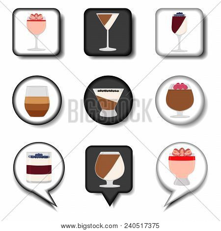 Vector Icon Logo For Set Symbols Sweet Jelly Panna Cotta. Panna Cotta Pattern Consisting Of Flat Des