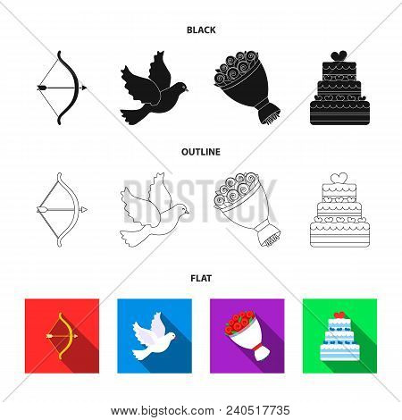 Arrow Cupid, Dove, Bouquet Of Flowers, Wedding Cake. Wedding Set Collection Icons In Black, Flat, Ou