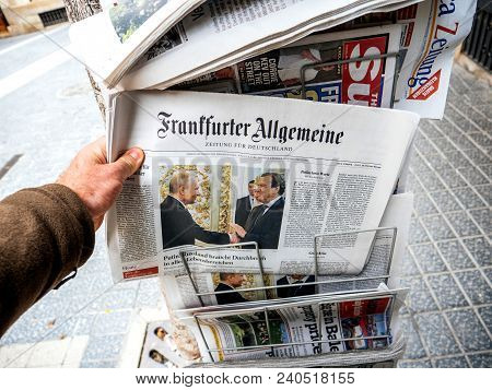 Palma De Mallorca, Spain - May 8, 2018: Newspaper Press Kiosk Stand In Central Palma De Mallorca Wit