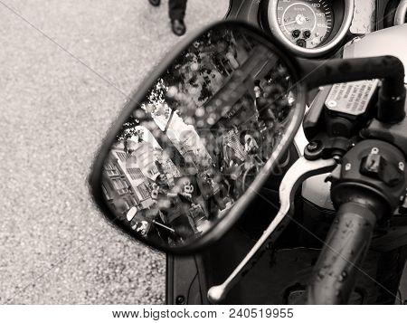 Strasbourg, France - Sep 12, 2018: Crowd Reflection In Motorcycle Moped Mirror During A French Natio