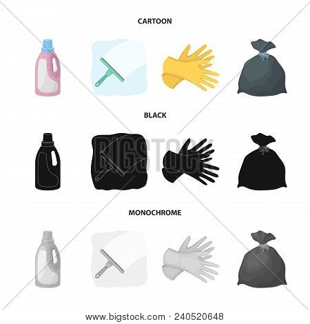 Gel For Washing In A Pink Bottle, Yellow Gloves For Cleaning, A Brush For Glass, A Black Bag For Gar