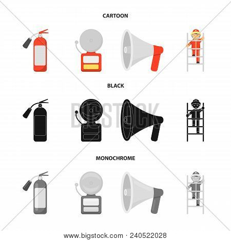 Fire Extinguisher, Alarm, Megaphone, Fireman On The Stairs. Fire Departmentset Set Collection Icons 