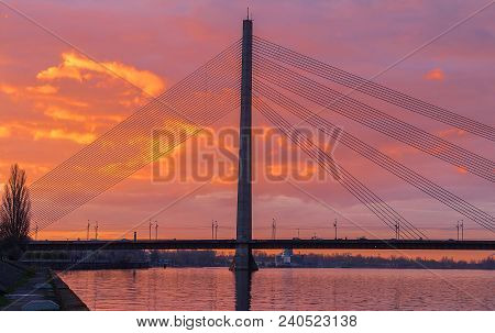 Vansu Bridge At Sunset, Riga, Latvia. Shroud Bridge. 595 Meters In Length. Vansu Bridge - One Of The