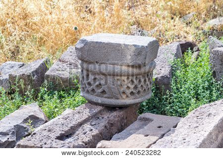 Part Of The Column On The Ruins Of Ancient Jewish Settlement Umm El Kanatir - Mother Arches On The G