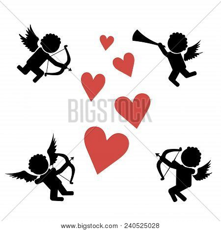Stick Figure Cupids. Flying On The Wings Of Love Amur, Cupid With Bow, Arrows And Pipe. Stick Figure