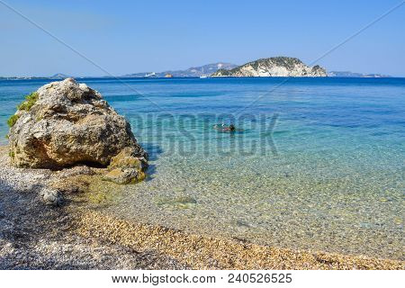Beautiful Pebble Beach Of Marathias, Zakynthos Island, Greece.