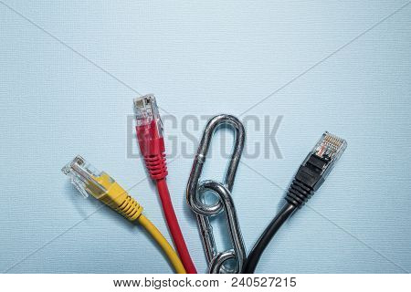 Blockchain, Internet And Ico Technology. Internet Cables And Chain Blocks With Space For Text.