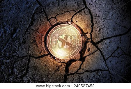 Shiny Golden Axt Cryptocurrency Coin On Dry Earth Dessert Background Mining Crash Photo Composition