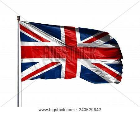 National Flag Of United Kingdom On A Flagpole, Isolated On White Background.