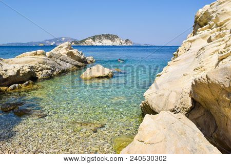 Beautiful Pebble Beach Of Marathias, Zakynthos Island, Greece.