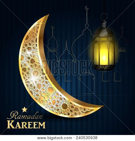 Ramadan Greetings Gold Moon On A Dark Background With Maroccan Lantern