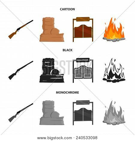 Winchester, Saloon, Rock, Fire.wild West Set Collection Icons In Cartoon, Black, Monochrome Style Ve