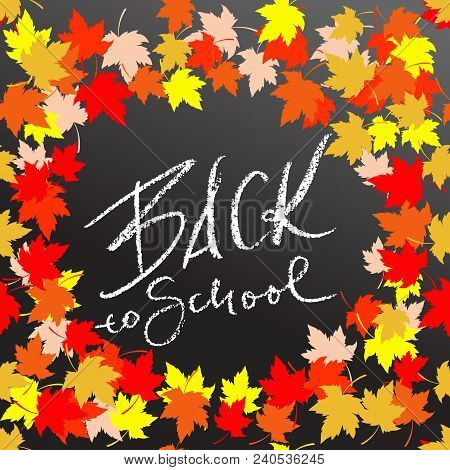 Back To School. Chalk Lettering On Blackboard Surface. Typography Poster With Autumn Leaves. Vector 