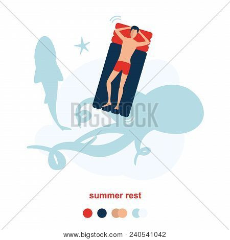 Man Resting On A Floating Rubber Inflatable Raft On The Sea. And Swims Over A Big Octopus, Fish And 