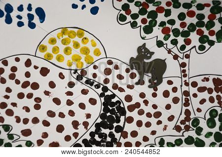 Hand-made Picture Of Summer Landscape With Sun, Apple-tree And Track And A Black Cat. Abstrast Art W