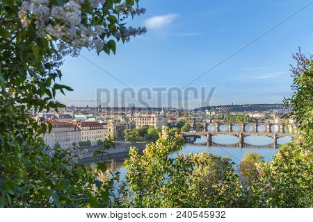 Beautiful Cityscape With The Old Town Of Prague City, The Vltava River And Its Many Bridges, Framed 