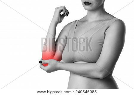Woman With Pain In Elbow, Joint Inflammation Isolated On White Background