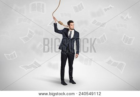 Young burnout businessman with flying documents concept