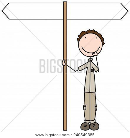 Illustrated Cartoon Kid Standing Below Crossroad Sign