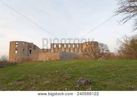 Borgholm, Sweden - Apr 28 2018: Ruin Of The Borgholm Castle In Evening Light, Built Around Year 1100