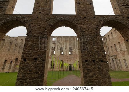 Borgholm, Sweden - Apr 28 2018: High Stone Walls Of The Ruin Of The Borgholm Castle, Built Around Ye