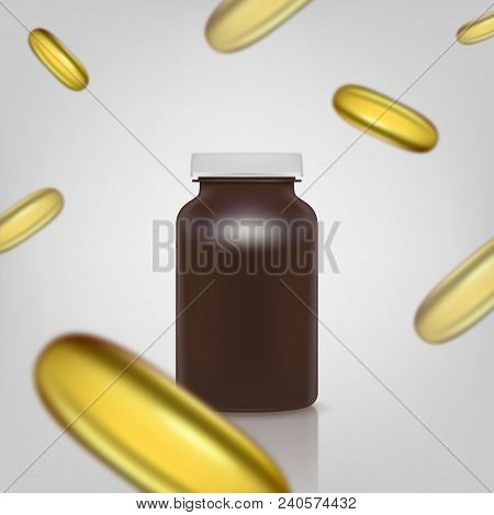 Blank Brown Pills Container Without Label With Falling Pills. Vector Illustration Eps 10