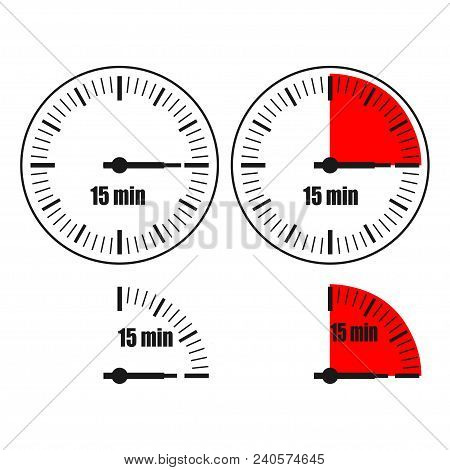 Fifteen Minutes Clock On White Background. Four Options.