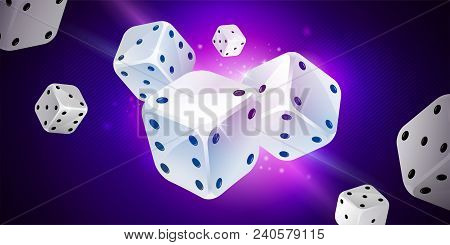 Shiny Background With White Game Dices On Dark Blue. Casino Gambling. Poker, Table Craps
