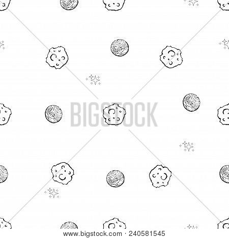 Seamless Vector Pattern. Creative Hand Drawn Texture With Planets And Stars.