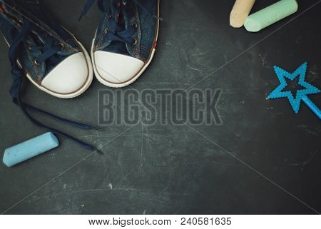 Sport Boots Children Education Grounge Textured Blackboard With Chalk