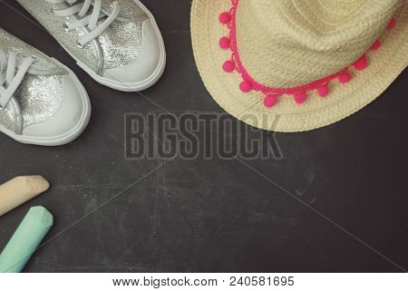 Sport Boots Children Chalkcs Chalkboard Textured Background Copy Space.