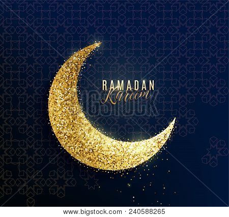Ramadan Kareem Greeting Background Islamic Crescent, Golden Paper Moon, Text Lettering Sign, Arabian
