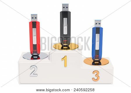 Usb Flash Ratings Concept. Winners Podium With Usb Flash Drives, 3d Rendering Isolated On White Back