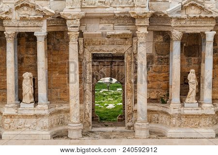 Ruins Of Ancient Greco-roman Theater In Ancient City Hierapolis Near Pamukkale, Turkey