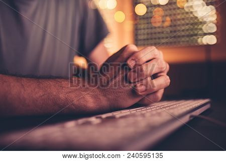 Nervous Hands And Computer Keyboard, Businessman Waiting For An E-mail Reply From Business Partners,